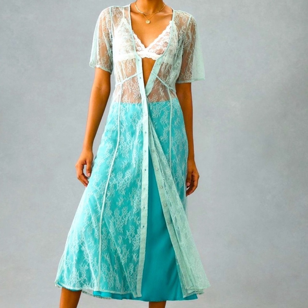 NWT Anthropologie Sheer Lace Button Down Dress in Mint - M